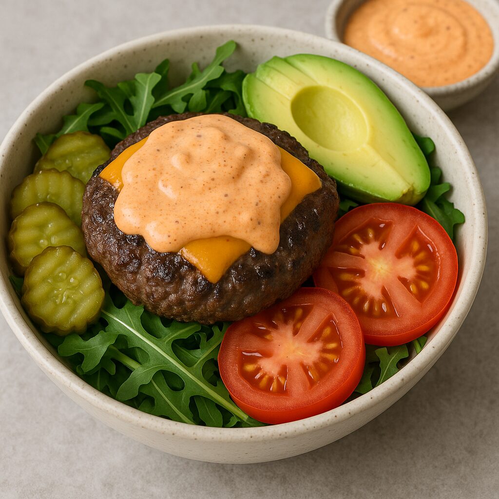 Bowl with a hamburger, tomato slices picles, lettuce and avacados.